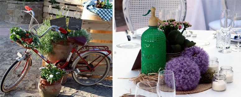 Bicicletes, lleteres, sifons, caixes de fusta, estovalles ... Qualsevol objecte vintage llueix perfectament combinat amb estil.